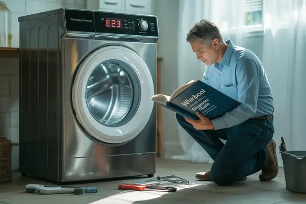 appliance repair technician kneeling beside a front-loading washing machine