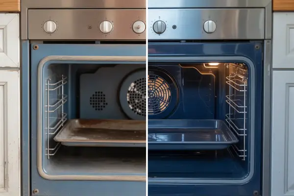 before-and-after split image of an oven