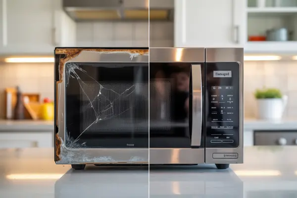 damaged microwave on left side, perfectly repaired microwave on right side