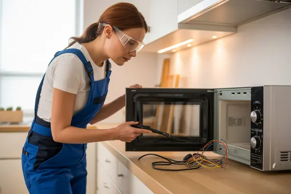 female technician in a modern home kitchen repairing a microwave oven