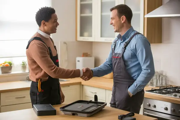 happy customer shaking hands with a technician after a successful small appliance repair