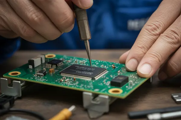 microwave circuit board being repaired by a technician with precision tools