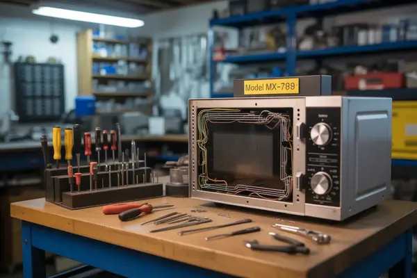 microwave disassembled on a workbench