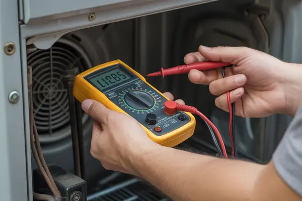 multimeter being used to check a dryer’s electrical components