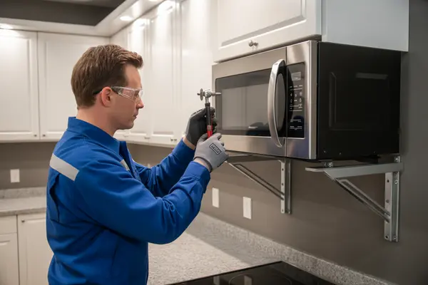 repairing a modern microwave oven on a kitchen counter,