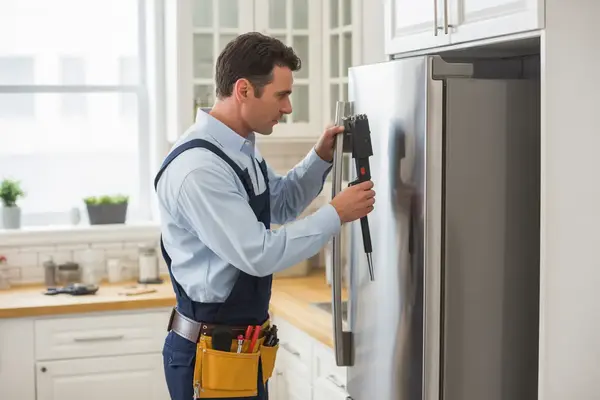 repairing a modern stainless steel refrigerator in a bright, clean kitchen