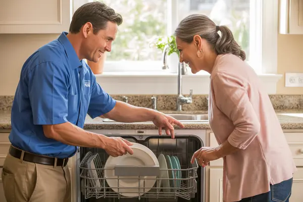 technician fixing a built-in dishwasher