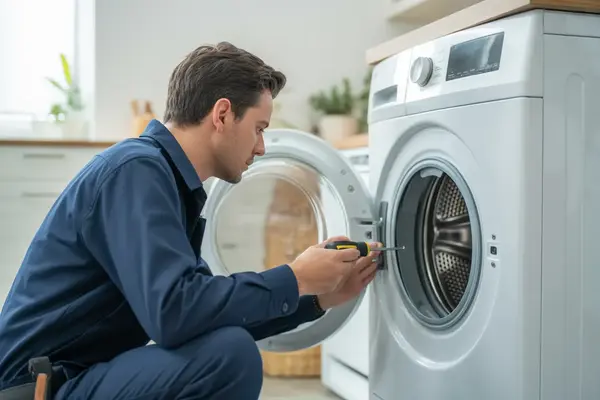 technician lifting a front-load washer slightly to check underneath