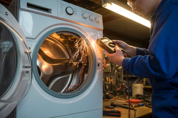 technician replacing the control panel of a top-loading washing machine