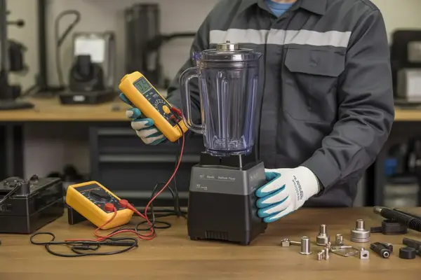 technician testing a blender motor with a digital multimeter
