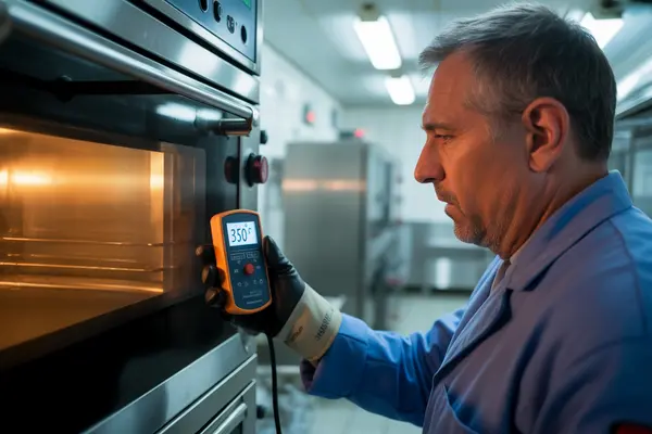 technician testing oven temperature with a digital thermometer
