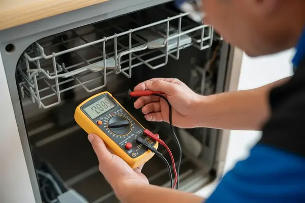 technician using a digital multimeter to check dishwasher wiring