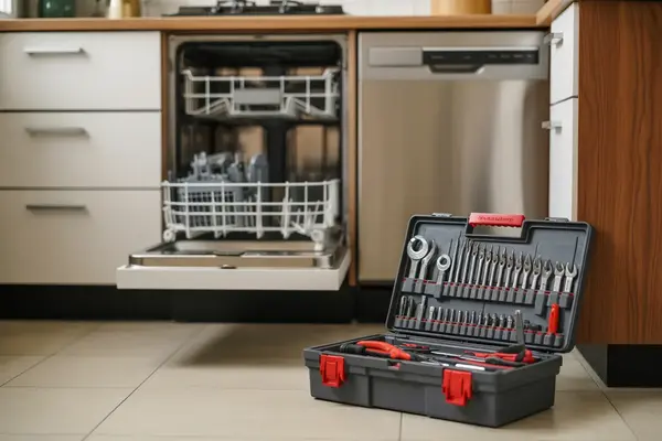 technician’s toolbox filled with dishwasher repair tools