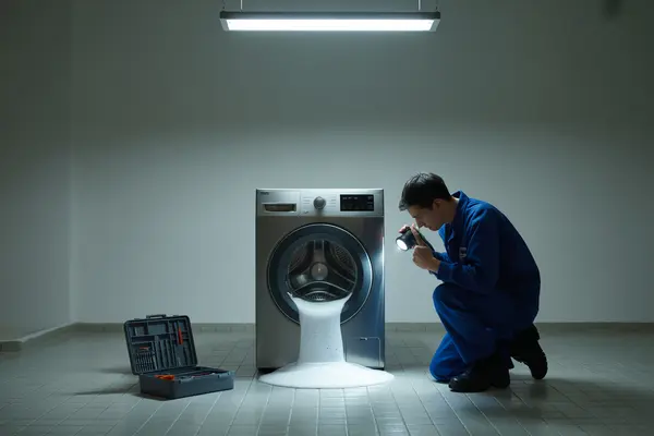 washing machine mid-cycle with water leaking